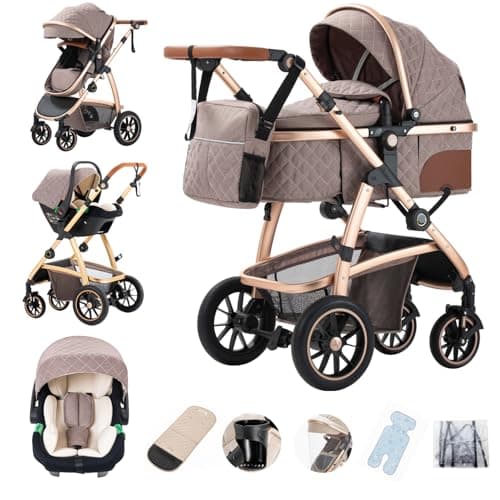 Image of Gcarebb 3 in 1 Prams Travel System, Pushchair with Height Adjustable Handle, Travel Pram with Mosquito Net, Baby Stroller with Aluminum Frame for Newborn 0-4 Years
