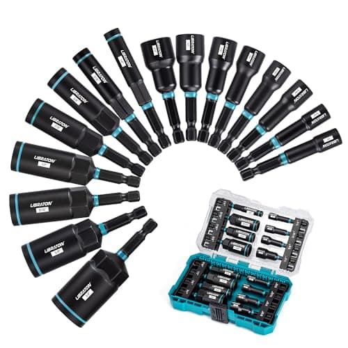 Image of LIBRATON Magnetic Nut Driver Set, 16PCs Impact Driver Bit Set, Deep Nut Driver, SAE, for Impact Drill, 1/4"-9/16" and 1/4"-4/3" Deep Nut Drivers, with Toolbox for Car Repairs