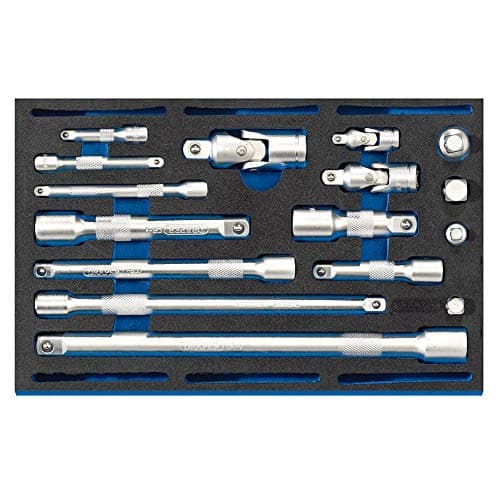 Image of Draper 63530 Extension Bar, Universal Joints and Socket Convertor 16 Piece Set in 1/4 Drawer Eva Insert Tray , Blue