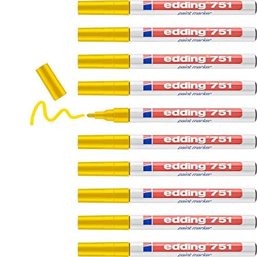 Image of Edding Paint Marker - Yellow - 10 Pens - Round Tip 1-2 mm - Paint Marker for Marking and Labelling Metal, Glass, Rocks Or Plastic - Heat-Resistant, Permanent, Smudge-Proof and Waterproof, (751-005)