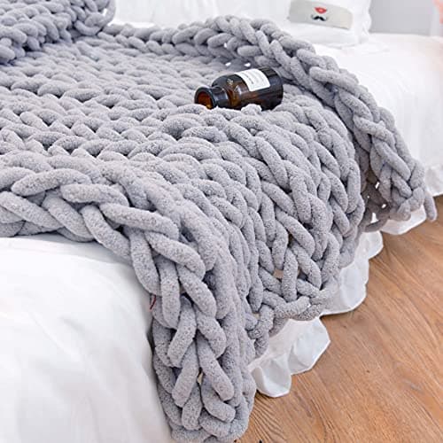 Image of Chunky Knit Blanket Throw 48"*71", Hand Knitted Warm Chenille Throw Blanket, Home Decor Soft Thick Yarn Cable Knit Blanket,Soft Breathable Fleece Banket Christmas for Couch Bed Sofa Best Gift (Gray)