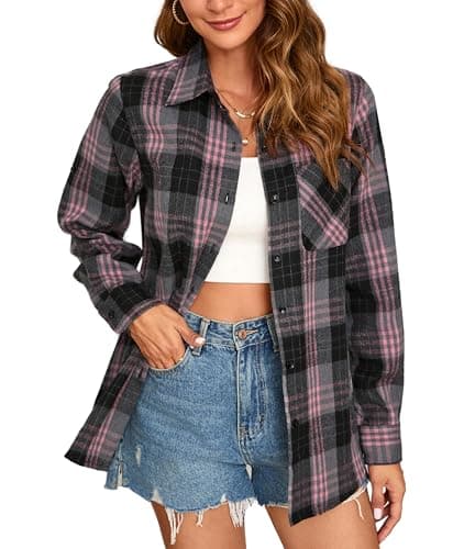 Image of Stamain Womens Flannel Checked Shirts Casual Long Sleeve Pink Check Shirt Ladies Classic Plaid Blouses Top with Pockets M