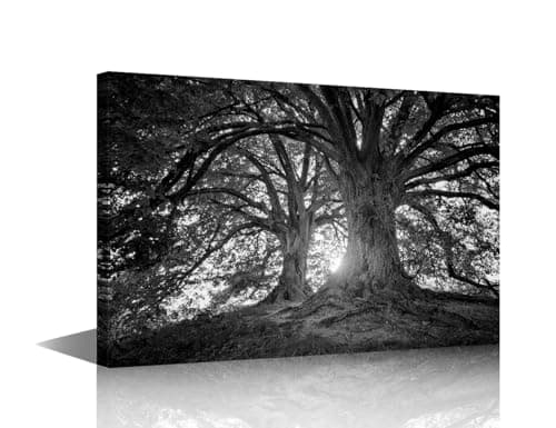 Image of Big Tree Landscape Canvas Wall Art Painting Sunrise Black and White Wall Decor for Living Room Forest Pictures Print on Canvas Framed Modern Artwork for Home Wall Bedroom Decorations, 18x12in