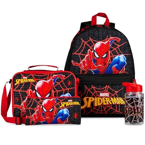 Image of Marvel Spiderman Backpack Set 4 Pcs Kids Water Bottle 400ml Pencil Case Insulated Lunch Bag Tweens School Supplies Travel Holiday