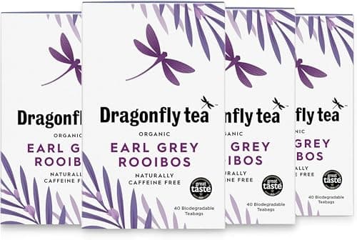 Image of Dragonfly Organic Earl Grey Rooibos Tea, Pack of 4 x 40 (160 Teabags) Naturally Decaf Earl Grey Tea Bags, Caffeine-Free Teabags, With real Bergamot Oil