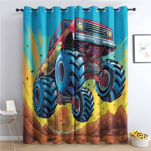 Image of Venivici Monster Truck Blackout Curtains for Bedroom Living Room - 54 Inch Drop Curtains Eyelet, Kids Boys Cartoon Patterned Window Treatments, Thermal Insulated Drapes 46x54 2 Panels D&-344