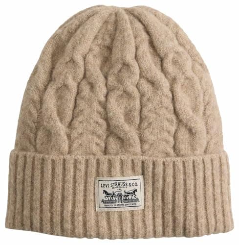 Image of Levi's Women's Backpatch Beanie - Holiday Cable Knit Knitted Hats for Women, Colour Oatmeal Heather, One Size, Oatmeal Heather, One Size