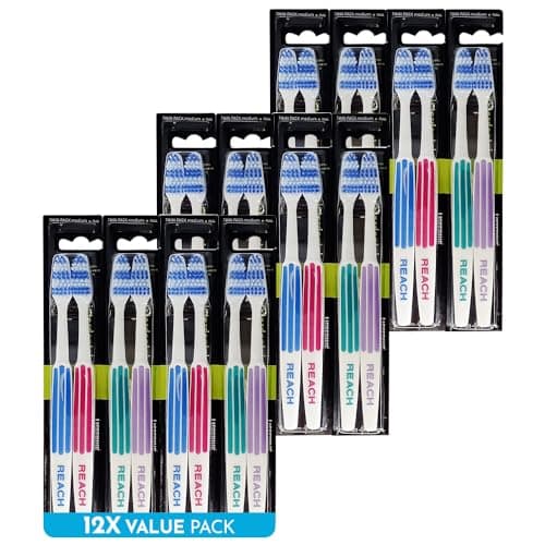 Image of REACH Essential Care Interdental Medium Toothbrush, Duo Pack x 12 – Full Head Manual Toothbrushes with Medium Bristles, Assorted Colors, Daily Oral Care Multipack