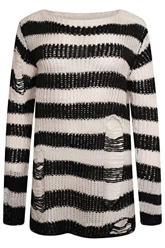 Image of Ro Rox Gothic Knitted Jumper with Distressed Look - Oversized Pullover with Ripped Design, Long Sleeves, Loose Fit, 90s Grunge Style Stripe Pattern, White, L-XL