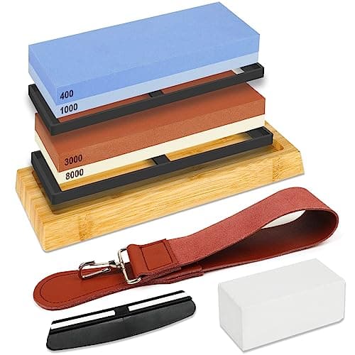 Image of RISEMART Knife Sharpening Stones Set, Professional 400 1000 3000 8000 Grit Whetstone for Sharpening Knives with Flattening Stone, Non-Slip Base, Angle Guide (8 Pcs)