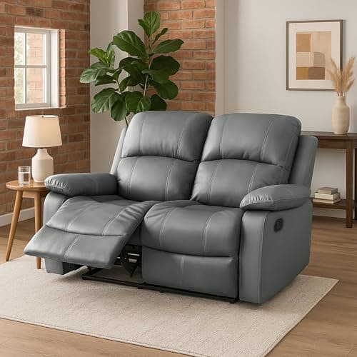 Image of Bravich Luxury Grey Bonded Leather Manual Recliner Sofa - Living Room Furniture, Lounge Chair Sofa Set for Ultimate Comfort & Elegance. 2 Seater for Home (130x75x100cm)