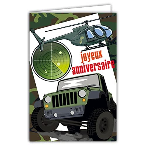 Image of Afie 67-1252 Happy Birthday Card with Envelope for Boys Man Who Loves Military Universe Army Defense Order Justice Peace Outfits Camouflage Target Helicopter 4x4 Off-Road Vehicle