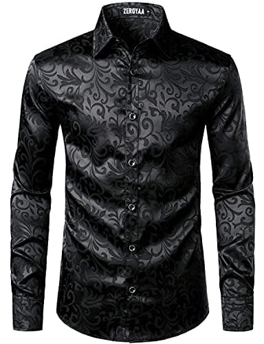 Image of PARKLEES Men's Luxury Jacquard Long Sleeve Dress Shirt Slim Fit Satin Slik Like Floral Printend Shirts for Wedding Party Prom Black S
