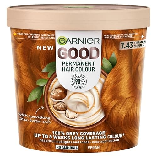 Image of Garnier GOOD Permanent Hair Dye, 7.43 Tumeric Copper. Ensures 100% grey coverage and 8-week colour. No ammonia, vegan shea butter formula delivers vibrant results for all hair types.
