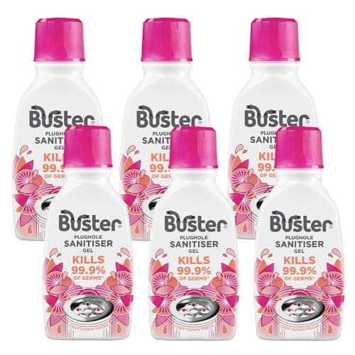 Image of Buster Plughole Sanitiser Gel (Berry - Pack of 6 x 300ml) Fast-Acting Sink and Drain Cleaner for Bad Smells and Stains, Kills 99.9% Germs on Drains & Stainless Steel Sinks, Fresh Scent - Made in UK