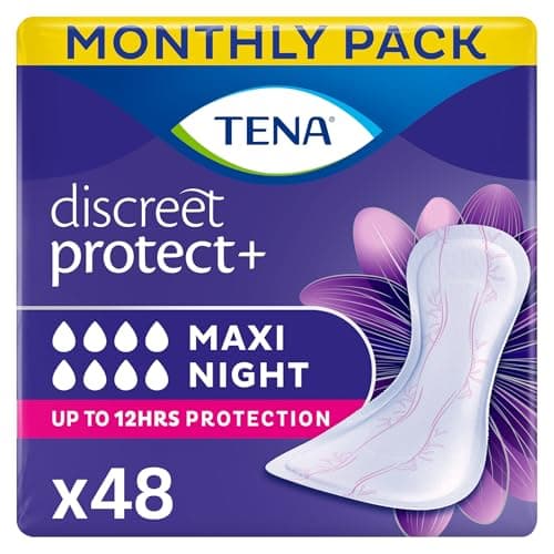 Image of TENA Discreet Maxi Night, Incontinence Pads for Women, Specifically Designed for Night Time Protection with Wider Back and Extra Length, 48 Count (Pack of 8 x 6),packaging may vary