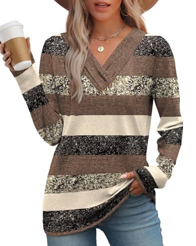 Image of WIHOLL Ladies Jumpers Long Sleeve Tops Women Lightweight V Neck Ladies Tunic Tops Brown Stripe Size 6-8