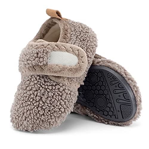 Image of LACOFIA Toddler Boys Girls Sock Slippers Kids Winter Warm Fleece House Shoes Children Anti-slip Home Slippers Brown 11/12