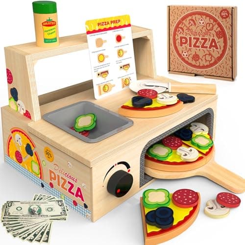 Image of Wooden Pizza Counter Play Set Top & Bake Toy Set with Pizza Cutter 49 PCS Pretend Play Food Kitchen Set Toys for Preschoolers Kids Boys Girls Ages 3+
