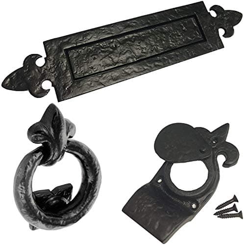 Image of Dzina Letter Box Plate Fleur De LYS, Cylinder Pull and Ring Door Knocker Set, Antique Black
