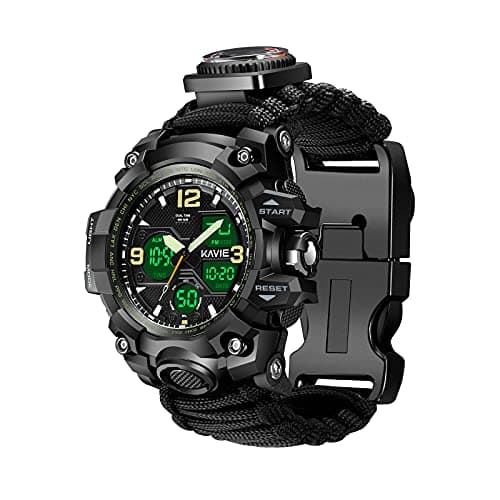 Image of 23-in-1 Survival Military Digital Watch, Mens Tactical Multi-Functional and Adjustable Wristband Outdoors Waterproof Sports Dual Dial Watches with Compass Paracord Band, Black, Digital