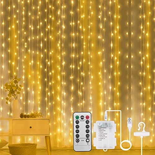 Image of Aomig LED Curtain Lights, 3m×3m 300LED Curtain Fairy Lights, 8 Modes Remote Control Timer Adjustable Brightness,Waterproof Window String Lights USB & Battery Powered for Bedroom Party(Warm White)