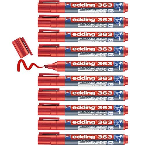 Image of edding 363 whiteboard marker - red - 10 whiteboard pens - chisel tip 1-5 mm - whiteboard pen dry wipe - for whiteboards, flipcharts, pinboards, magnetic and memo boards - sketchnotes - refillable