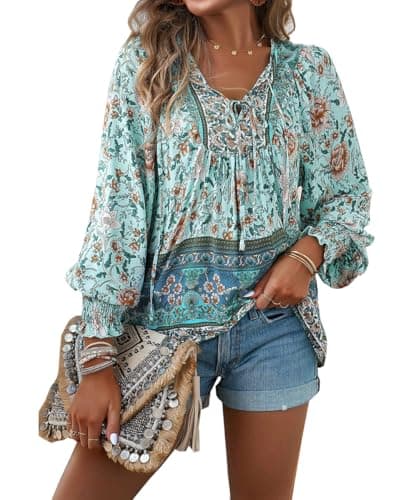 Image of PHLCEhot Women Long Sleeve Tunic Tops Floral Boho Loose Chiffon Pullover Blouse Light Blue