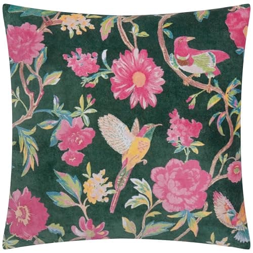 Image of furn. Wylder Aviary Cushion Cover – Cotton Velvet Country Garden Bird Decorative Case (Teal Green – 50x50cm)
