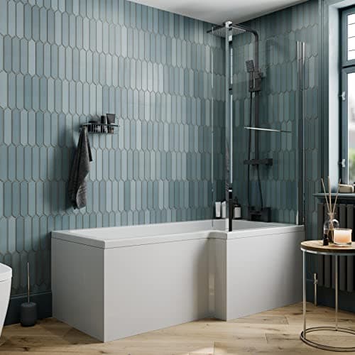 Image of BAYSTONE 1600mm L Shaped Shower Bath Right Hand Bathtub Glass Screen with Rail Front Side Bath Panel White Acrylic Modern