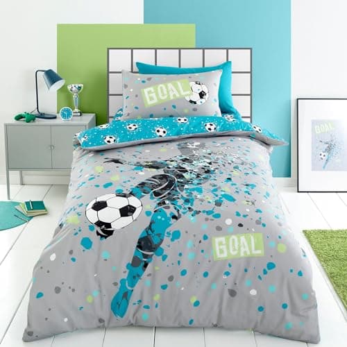 Image of Bedding Bedlam Blue Aqua Football Duvet Cover Set – Single Size 140x200cm – Reversible Soccer Design – Boys Bedroom Accessories – Football Themed with Pillowcase