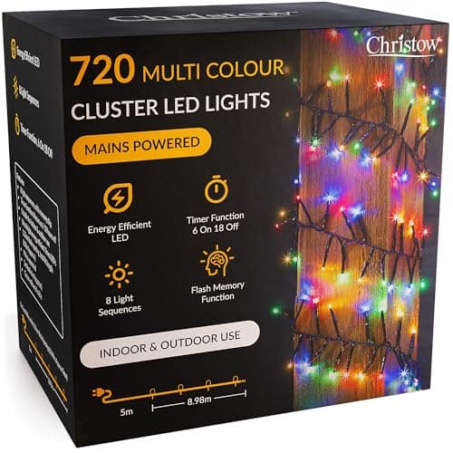 Image of CHRISTOW 720 LED Cluster Christmas Tree Lights, Multi-Coloured Fairy Lights with Timer, 8 Light Modes, Energy Efficient 3mm Micro LEDs, Indoor & Outdoor, Mains Powered, Green Cable, 8.98m Lit Length