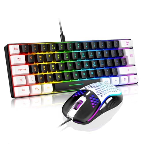 Image of RedThunder 60% RGB Gaming Keyboard and Mouse Combo,UK Layout Ultra Compact Backlit Mini Keyboard, Lightweight 7200 DPI Cellular Optical Mouse, Portable Wired Gaming Set for PC PS5 Gamers (Black-White)