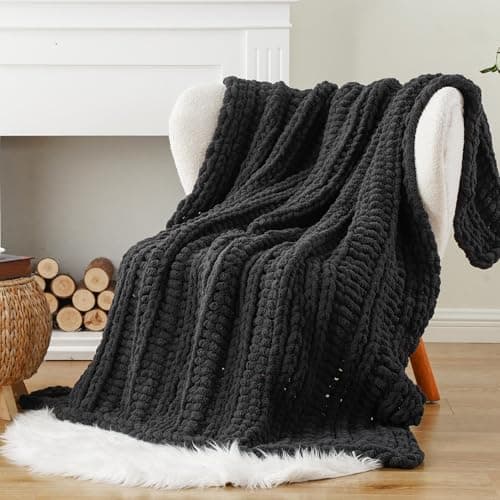 Image of Battilo Chunky Knit Blanket Throw, 125x150cm Handmade Knitted Throw Blanket, Soft Thick Chenille Yarn Crochet Blankets Dark Grey Throws for Sofa Bed Couch Home Decor, Charcoal
