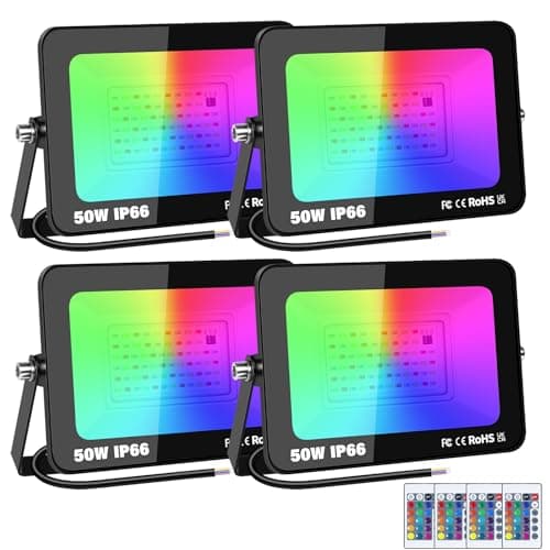Image of RIGIDON 4 Pack Outdoor RGB LED Floodlight, 50W Dimmable 16 Colour Changing Flood Lights for Garden, Courtyard, Landscap, Stage Decoration, IP66, Electric Mains Powered, Remote Control, 175-265V