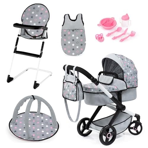 Image of Bayer Design 17007AB Dolls pram XEO, doll stroller, carriage pram with highchair, bag, sleeping bag, baby gym, accessories