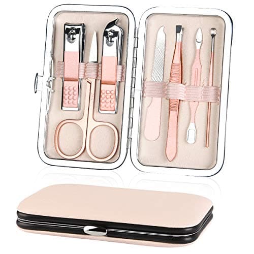 Image of URAQT Professional Manicure Set, 7 pcs Portable Nail Clippers & Eyebrow Grooming Kit, Stainless Steel Nail Care Tools with Luxurious Leather Case for Travel & Home