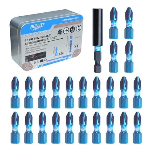 Image of BULLITT Screwdriver Bits set,24Pcs 25mm PH2 Impact Screwdriver Bits with 1/4" Hex Shank,Single Ended Phillips No.2 Heavy Duty,S2 Steel with Magnetised Tip+One Strong Magnetic Bit Holder in One Tin Box