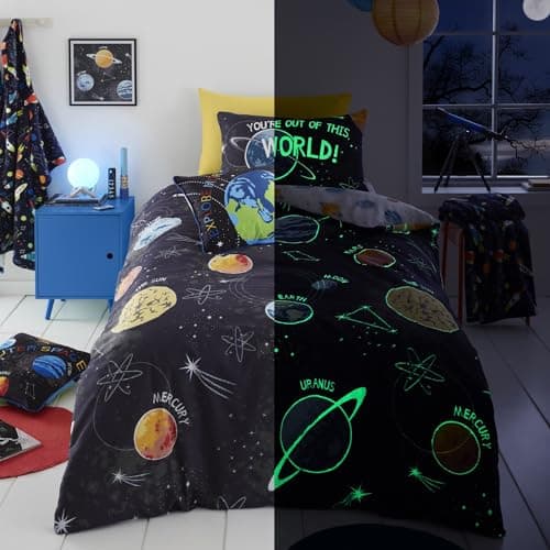 Image of Bedlam Glow in the Dark Space Duvet Cover – Double Size (200x200cm) – Reversible Galaxy & Planet Design – Solar System Bedding for Boys/Kids, Black