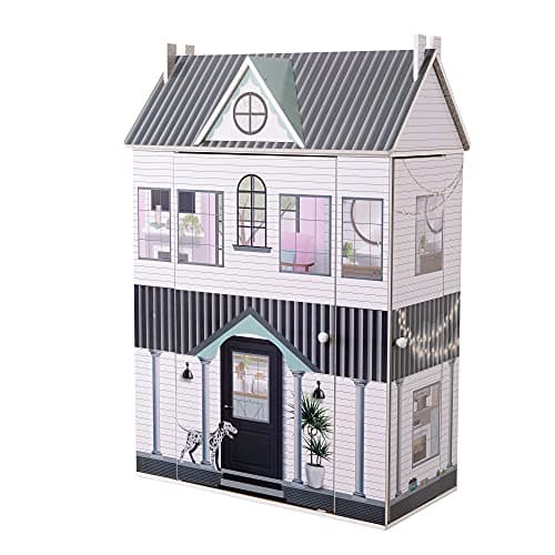Image of Olivia's Little World Dreamland Farmhouse 3-Story Wooden Doll House with Retractable Roof and Sides and 11-pc. Accessory Set for 12" Dolls, White/Black