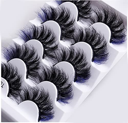Image of Colored Lashes, 5D False Lashes with Color Faux Mink Eyelashes Wispies Fluffy Colored Eyelashes Dramatic Strip Lashes for Christmas Cosplay Costumes Fake Eyelashes 5 Pairs Pack (Blue)