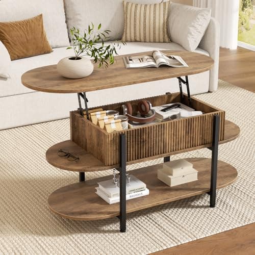 Image of Mossora 41.7" Oval Lift Top Coffee Table, Fluted Wood Center Table with Hidden Storage, 3 Tier Small Tables with Curved Edge, Modern Narrow Coffee Table for Living Room Reception Room, Vintage Oak