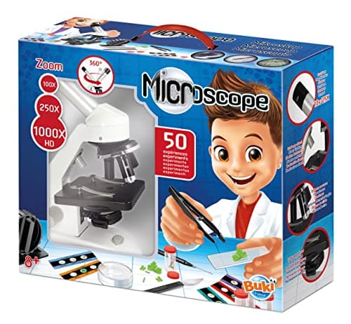 Image of Buki Microscope for Kids with 50 Science Experiments - Childrens STEM Kit with 200x to 1200x Magnification, LED Light, Metal Body, Slides, Vials & Illustrated Booklet - Child's Educational Toy Ages 8+