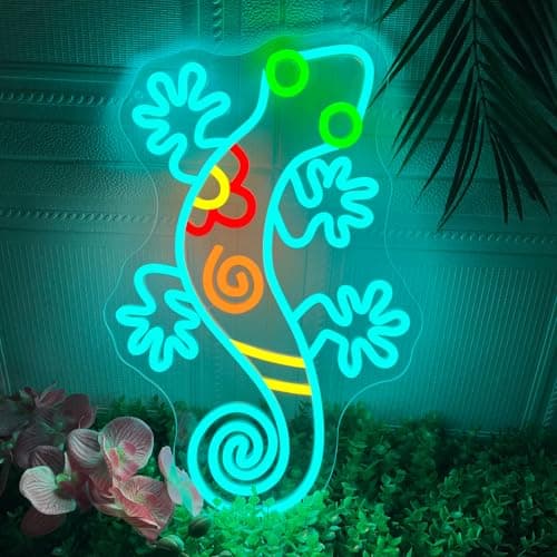 Image of Gecko Neon Sign, Dimmable Geico Lizard Neon Light Sign for Wall Decor,Colorful Reptile Animal Led Light Up Signs for Garden Bedroom Fence Living Room Kids Birthday Party Presents Outdoor Decorations