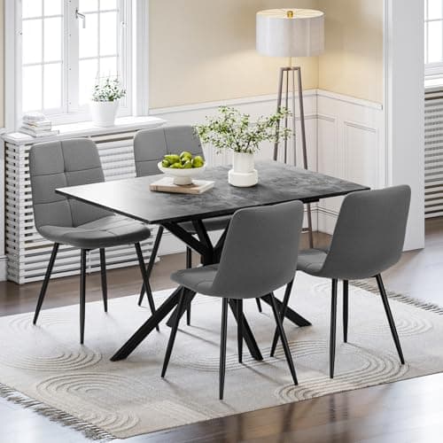 Image of Luxstein Extendable Dining Table and Chairs Set 4, 120-160cm Concrete Effect Table with 4 Grey Upholstered Linen Chairs for Dining Room, Kitchen