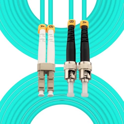 Image of Hamadap LC to ST Fiber Patch Cable, Multimode Duplex OM3 Fiber Optic Cable, 50/125um/3.00mm, LSZH, Turquoise, 10M/33ft
