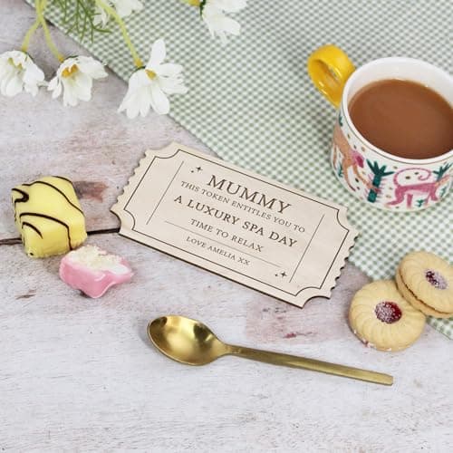Image of eBuyGB Personalised Wooden Ticket, Birch Plywood Gift Voucher, This Token Entitles You To, Surprise Gift Reveal for Mum, Grandma Birthday, Day Off Token, Weekend Away, Afternoon Tea, Spa Day