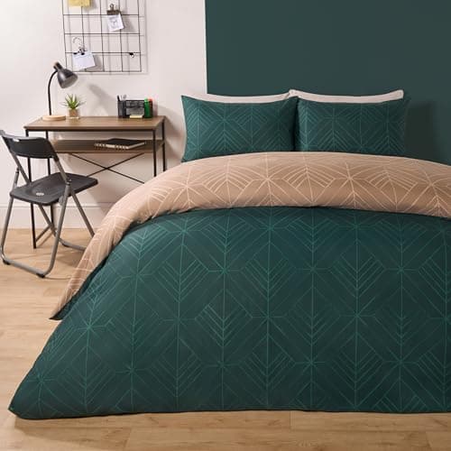 Image of OHS Double Duvet Bedding Geometric Isaac, Ultra Soft Decorative Reversible Modern Luxury Double Duvet Quilt Cover Bedding with Pillowcases, Natural/Teal