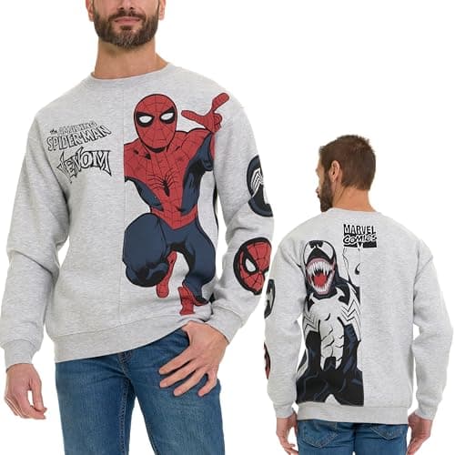 Image of Marvel Men's Spider-Man Venom Split Fleece Crewneck Front Back Sweatshirt with Embroidery, Heather Grey, S
