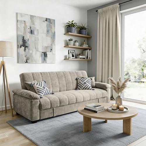 Image of DAKO® 3-Seater Sofa Bed VERONICA with Storage – Pull-Out Sleeper in Cream or Grey – Modern Upholstered Sofa for Living Room or Guest Room – Compact & Comfortable Design (Taupe)